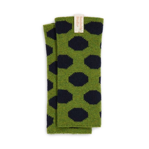 Green and blue spotty lambswool fingerless gloves